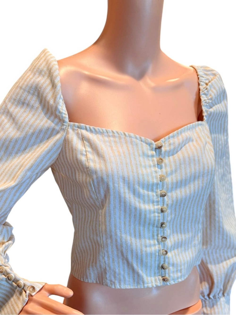 Striped Square-Neck Button Front Crop Corset Top Cream Tan Striped Medium - Picture 5 of 8
